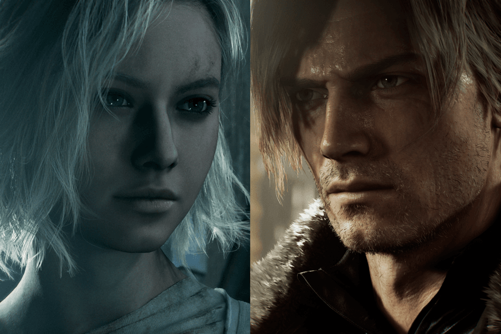 A composite image of official screenshots of Grace Ashcroft and Leon Kennedy in Resident Evil Requiem