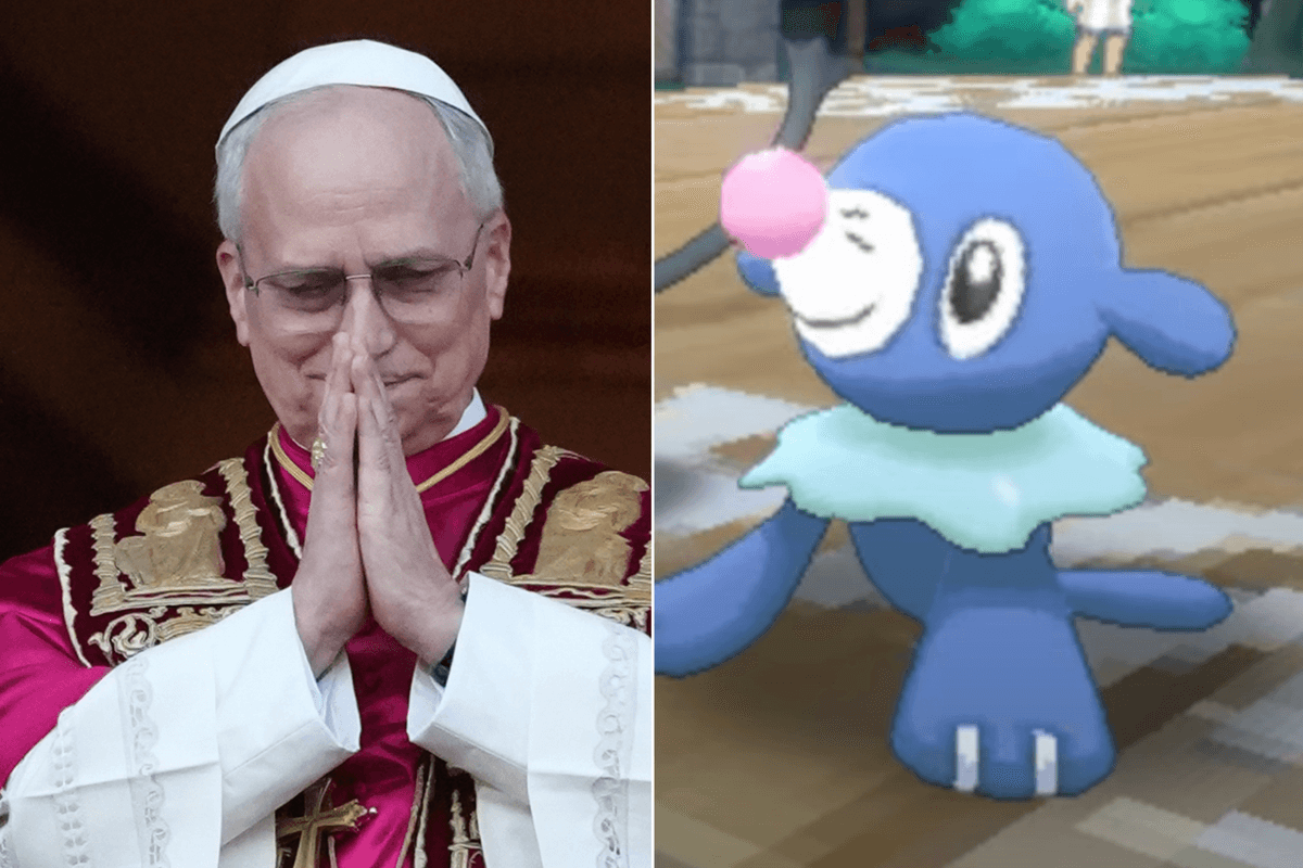 A composite image of Pope Leo and the Pokemon Popplio