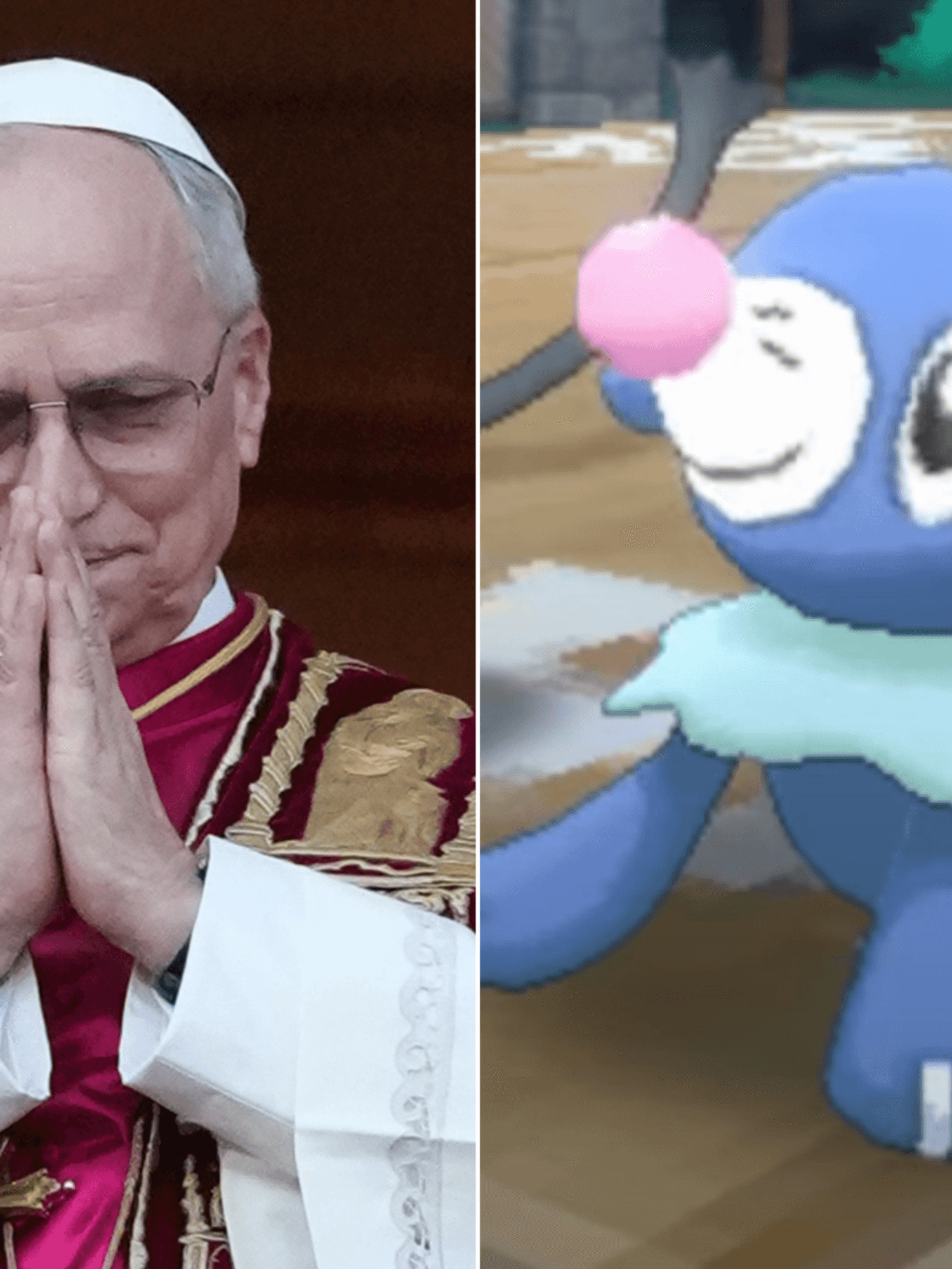 A composite image of Pope Leo and the Pokemon Popplio
