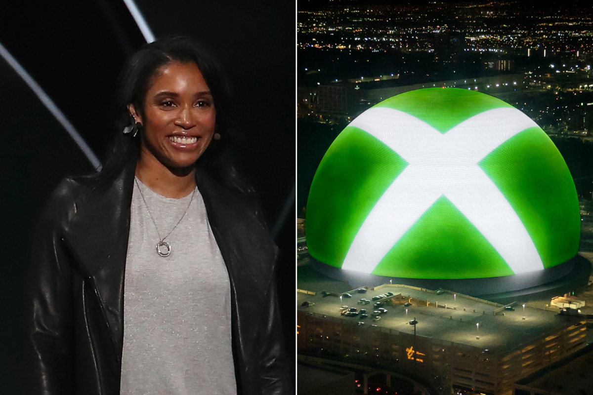 A composite image of Sarah Bond and the Xbox logo on The Sphere in Las Vegas