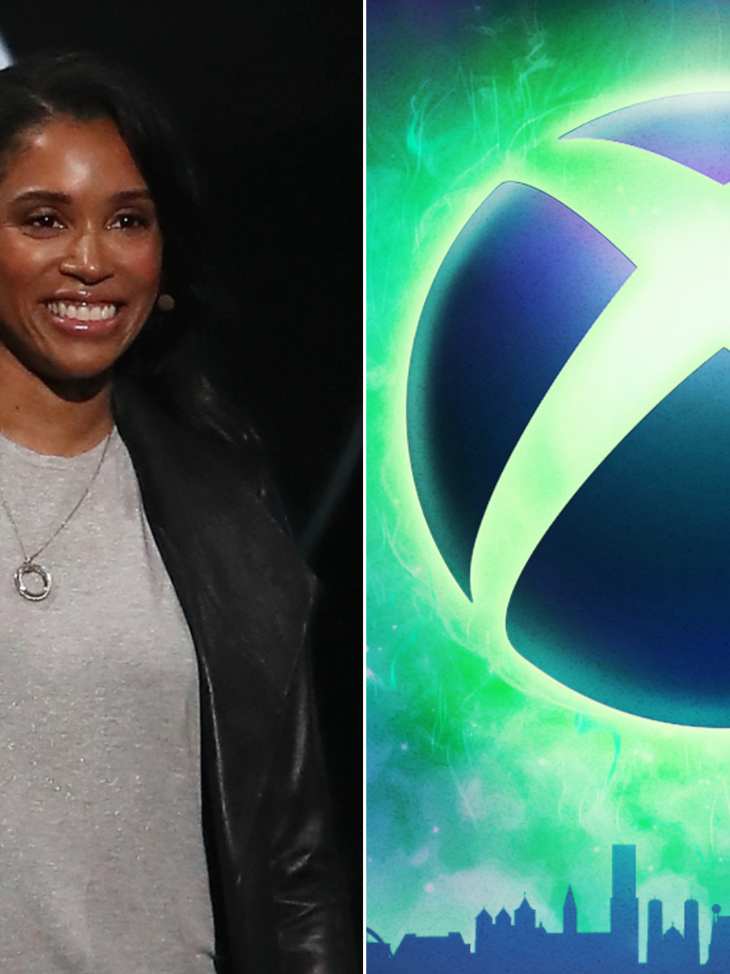 A composite image of Sarah Bond and the Xbox logo