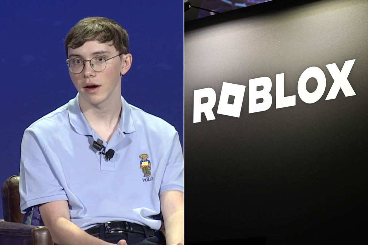 A composite image of Schlep and the Roblox logo