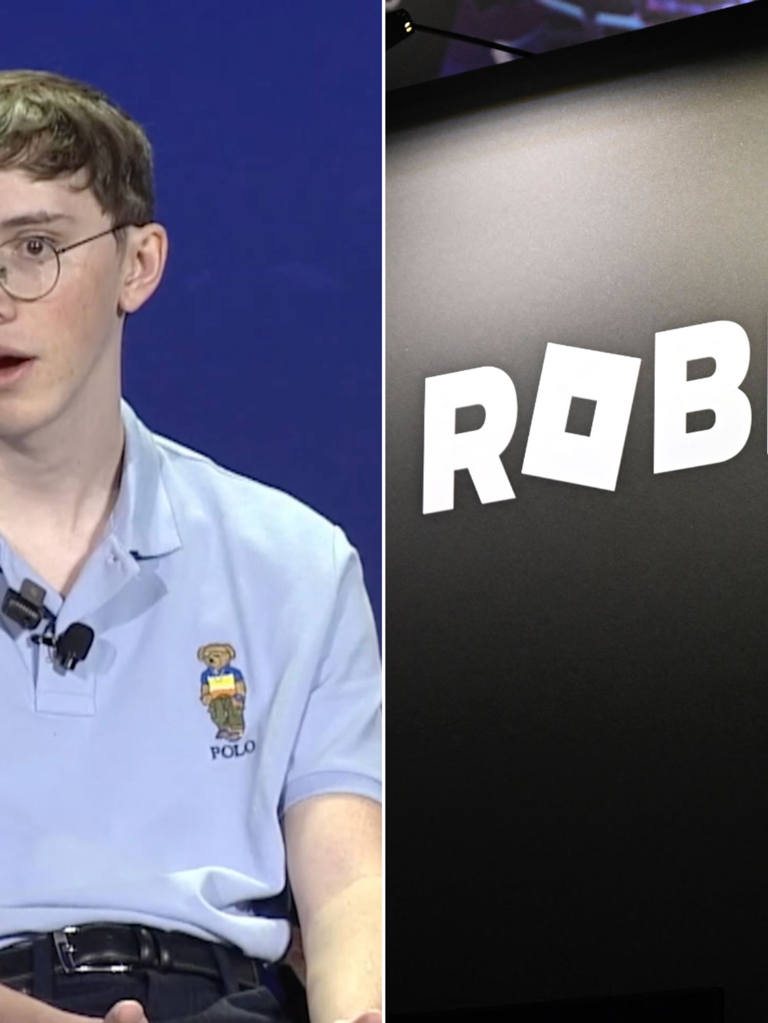 A composite image of Schlep and the Roblox logo