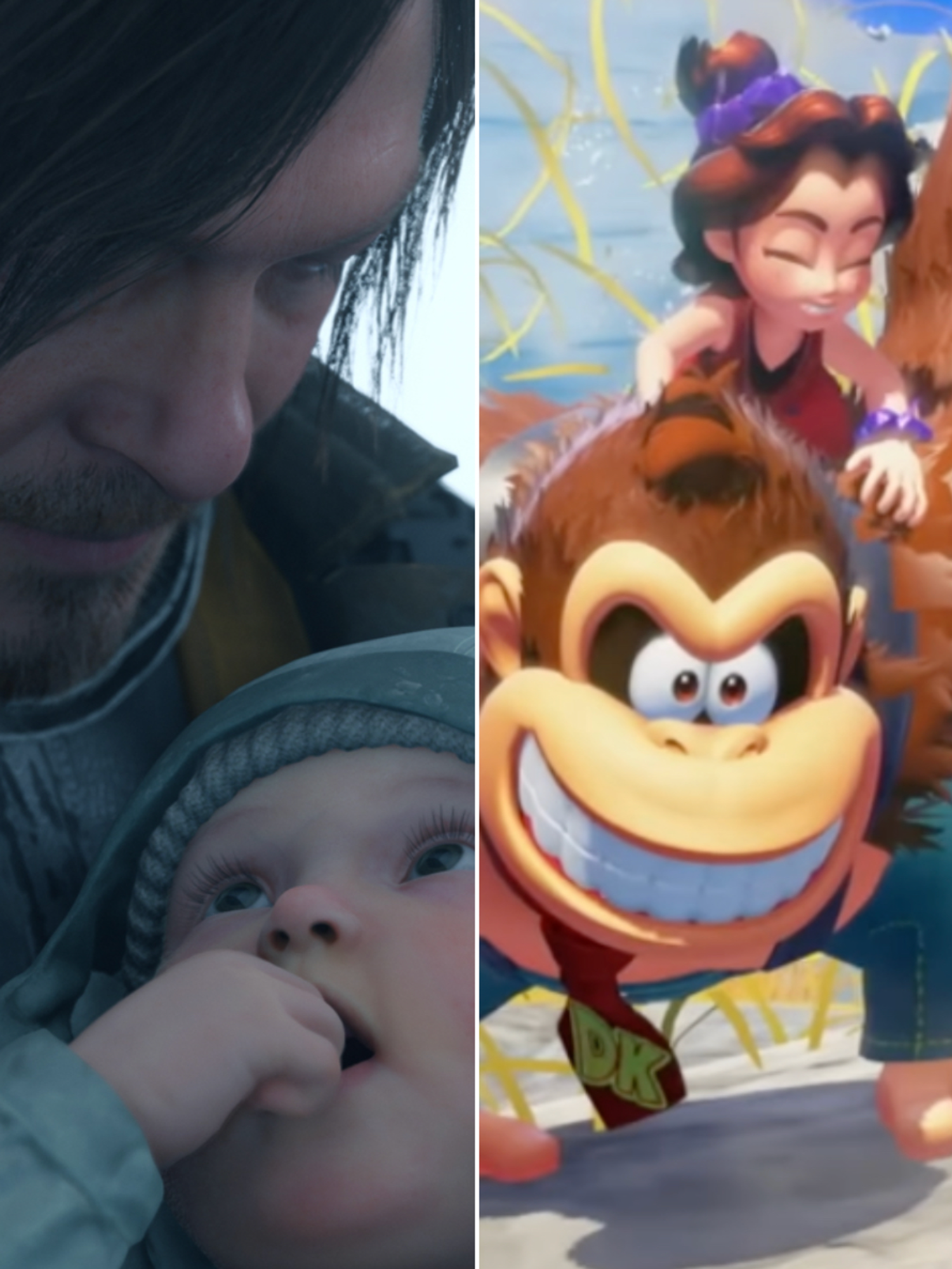 A composite image of screenshots and artwork for Hollow Knight Silksong, Death Stranding 2 On the Beach, Donkey Kong Bananza and Clair Obscur Expedition 33