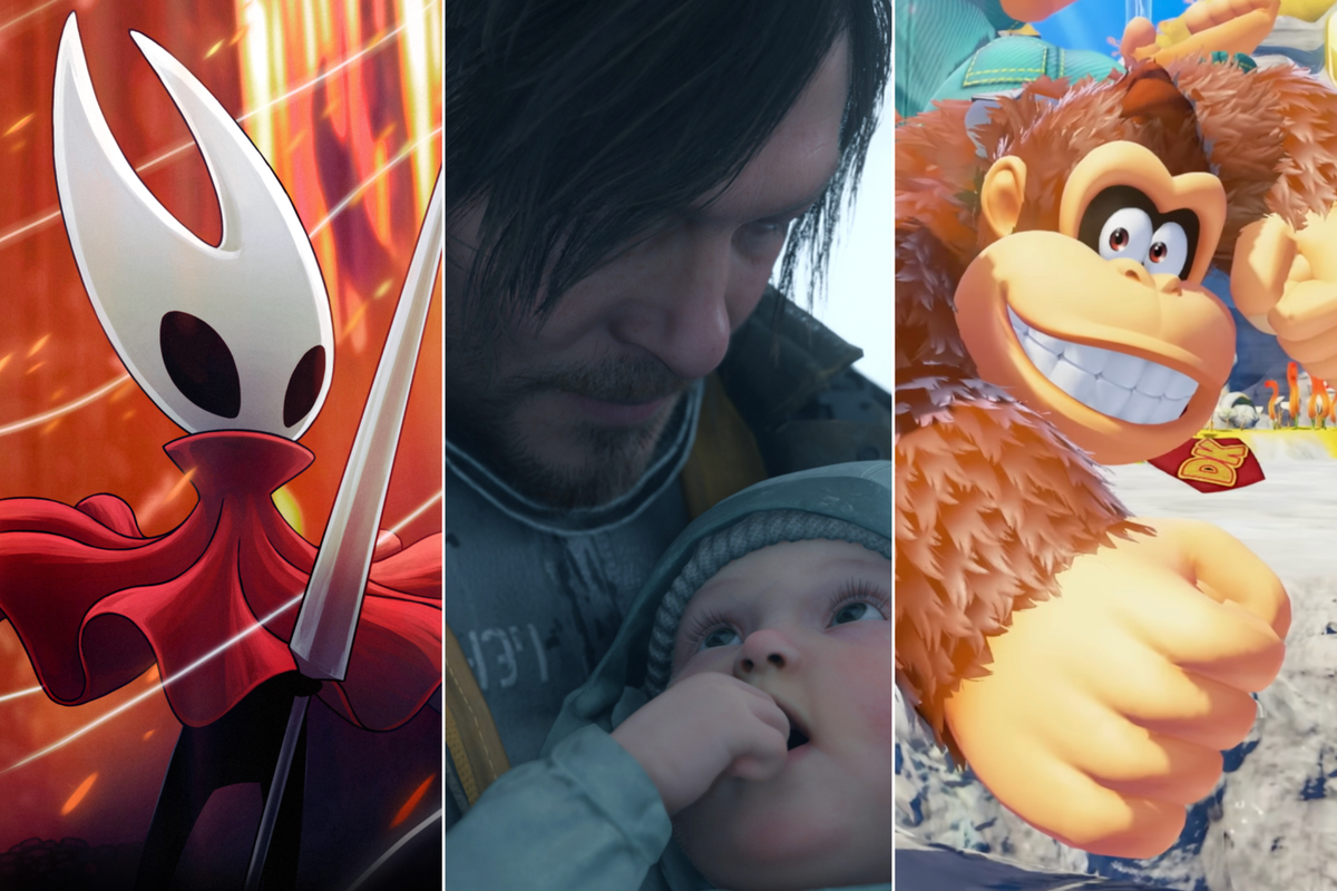 A composite image of screenshots from Hollow Knight Silksong, Death Stranding 2 On the Beach and Donkey Kong Bananza