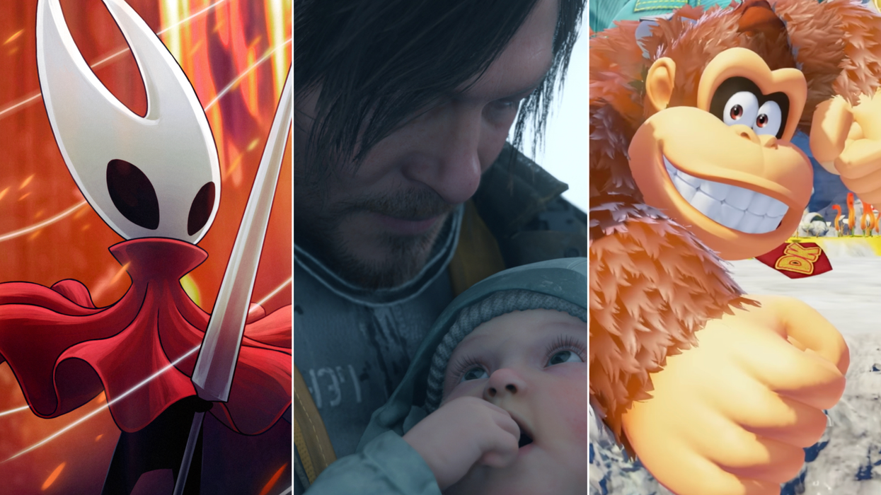 A composite image of screenshots from Hollow Knight Silksong, Death Stranding 2 On the Beach and Donkey Kong Bananza