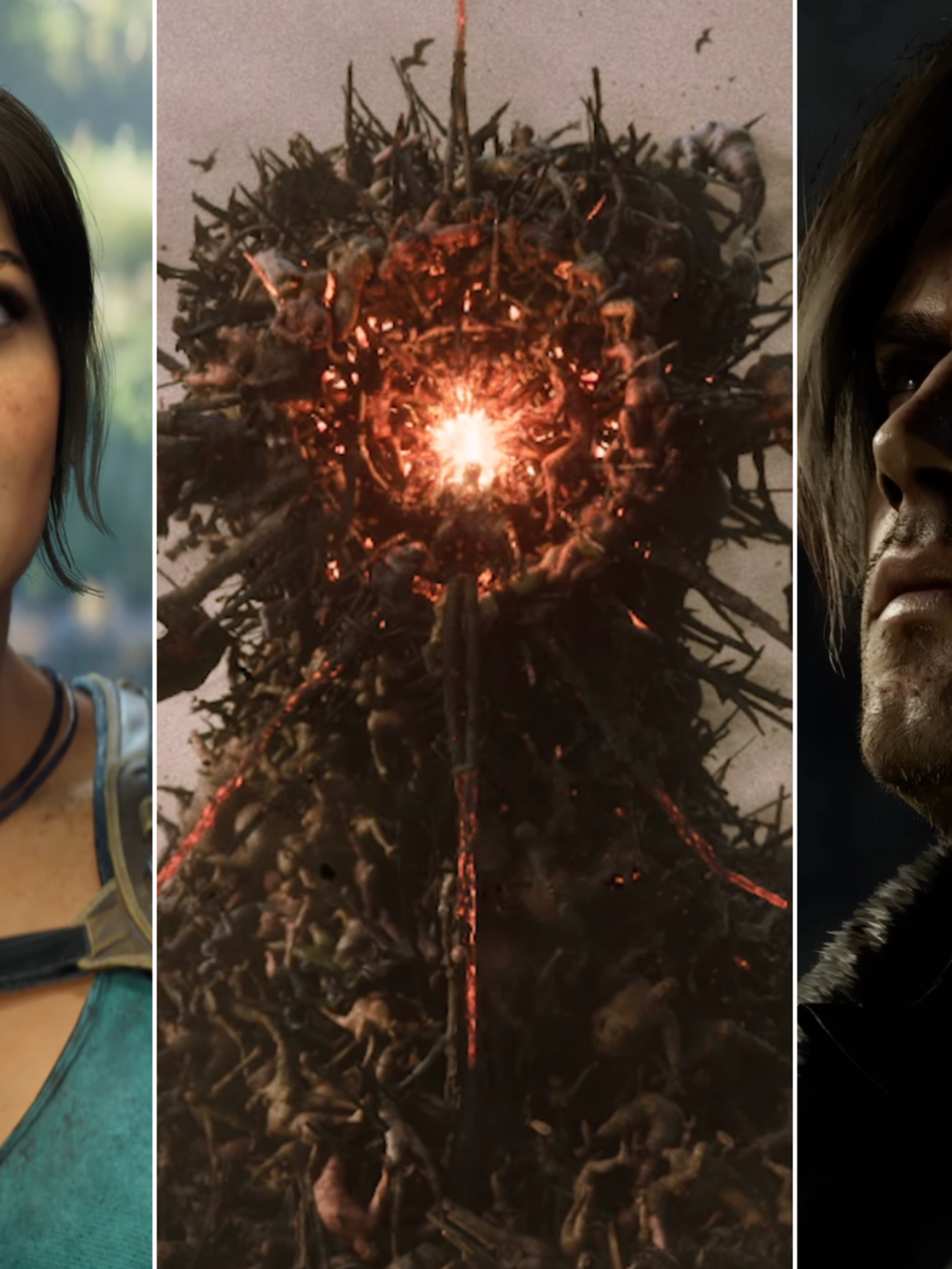 A composite image of screenshots from Tomb Raider Legacy of Atlantis, Divinity and Resident Evil Requiem