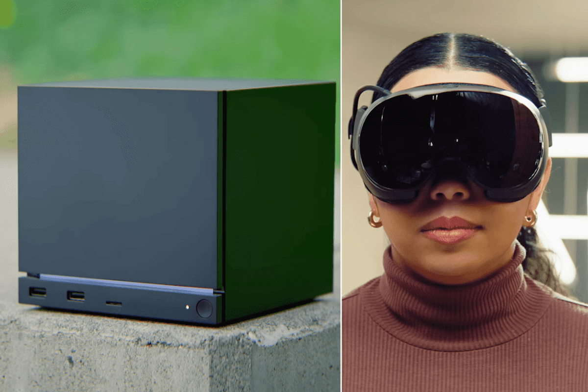 A composite image of screenshots from Valve's hardware reveal of the Steam Machine and someone using the Steam Frame