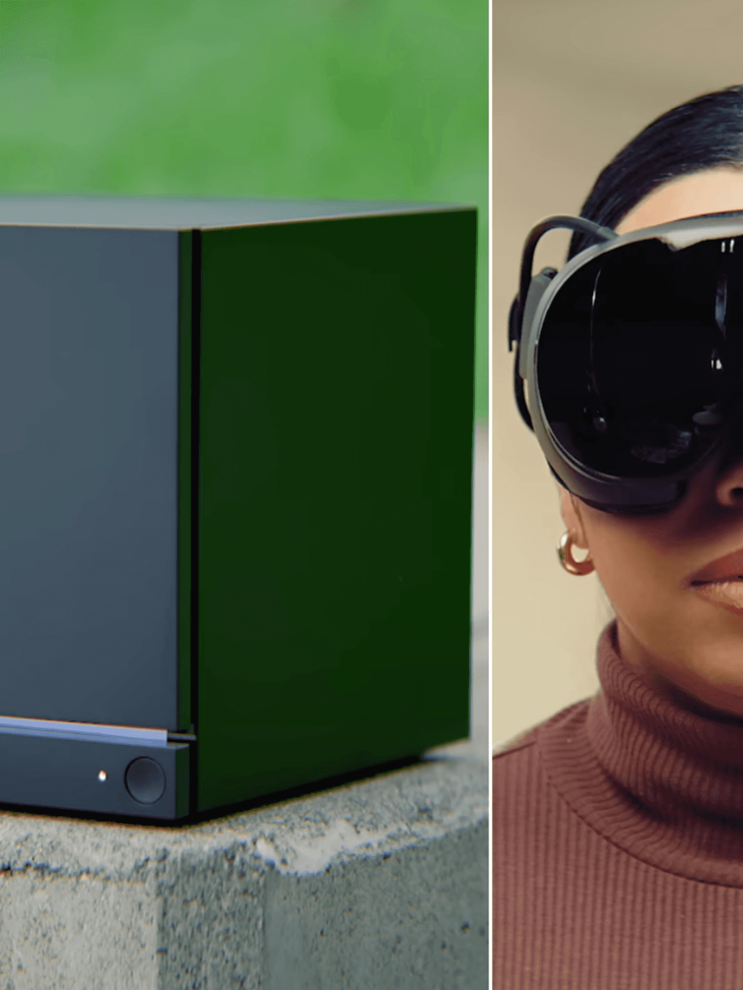 A composite image of screenshots from Valve's hardware reveal of the Steam Machine and someone using the Steam Frame​