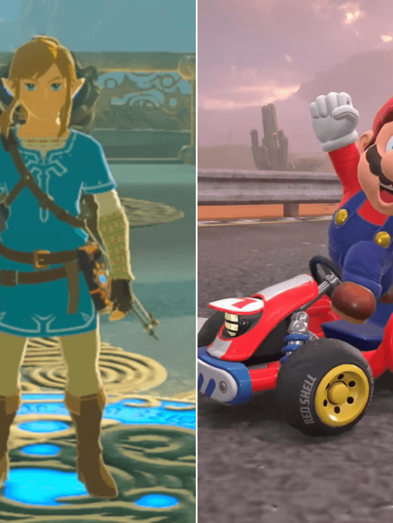 A composite image of screenshots of Zelda from The Legend of Zelda Breath of the Wild Switch 2 Edition and Mario in Mario Kart World