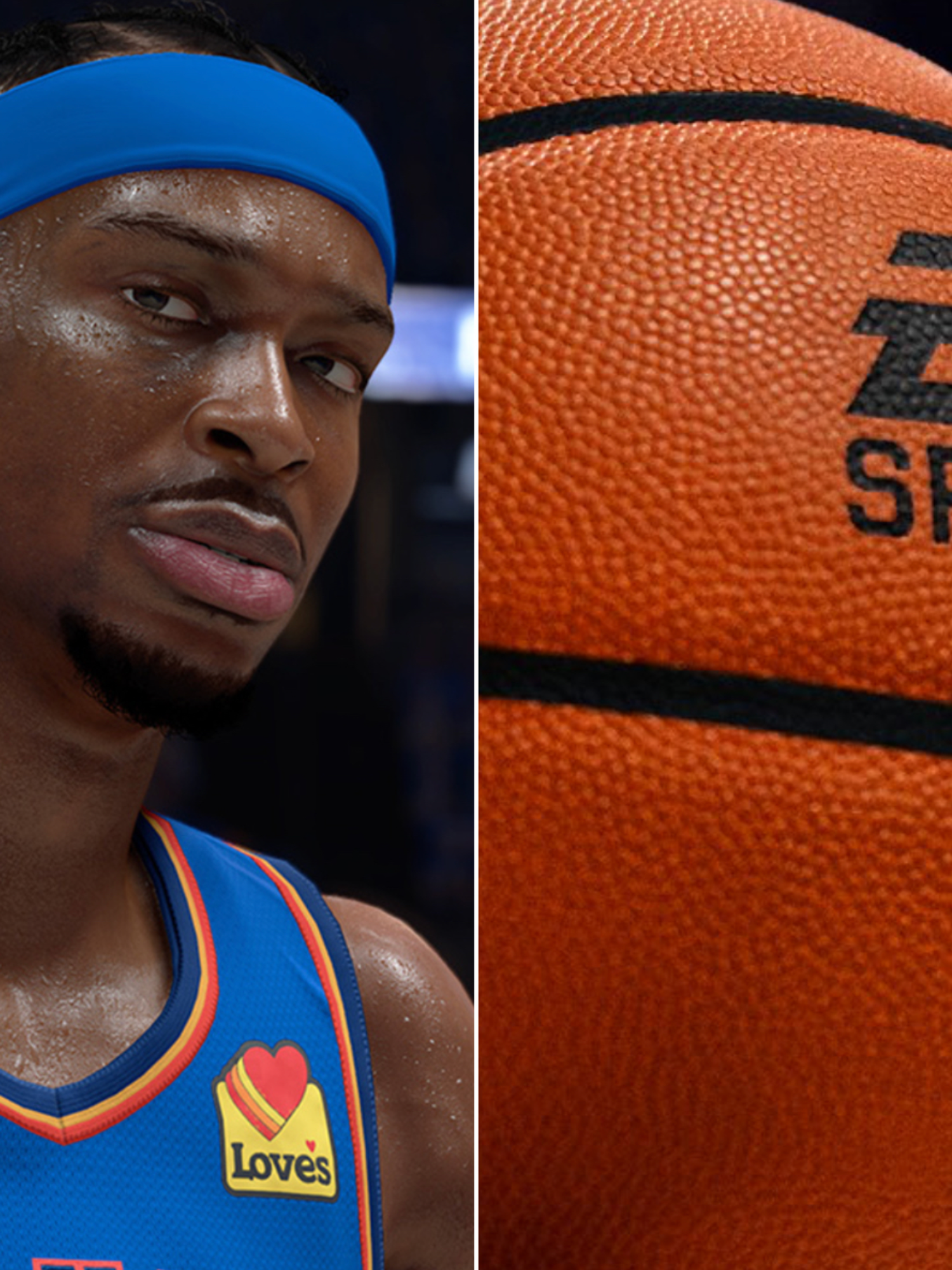 A composite image of Shai Gilgeous-Alexander in NBA 2K26 and the screenshot from EA's basketball college game reveal