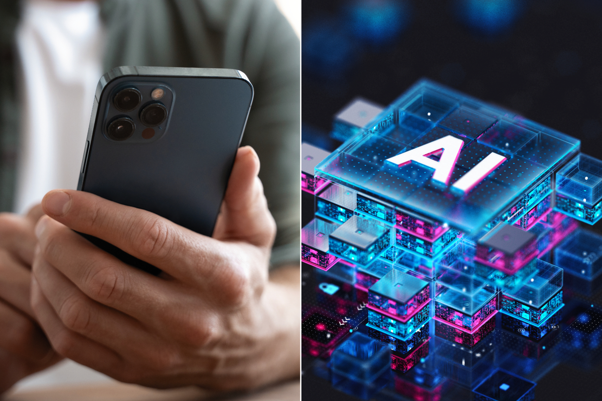 A composite image of someone holding an iPhone and an image of AI