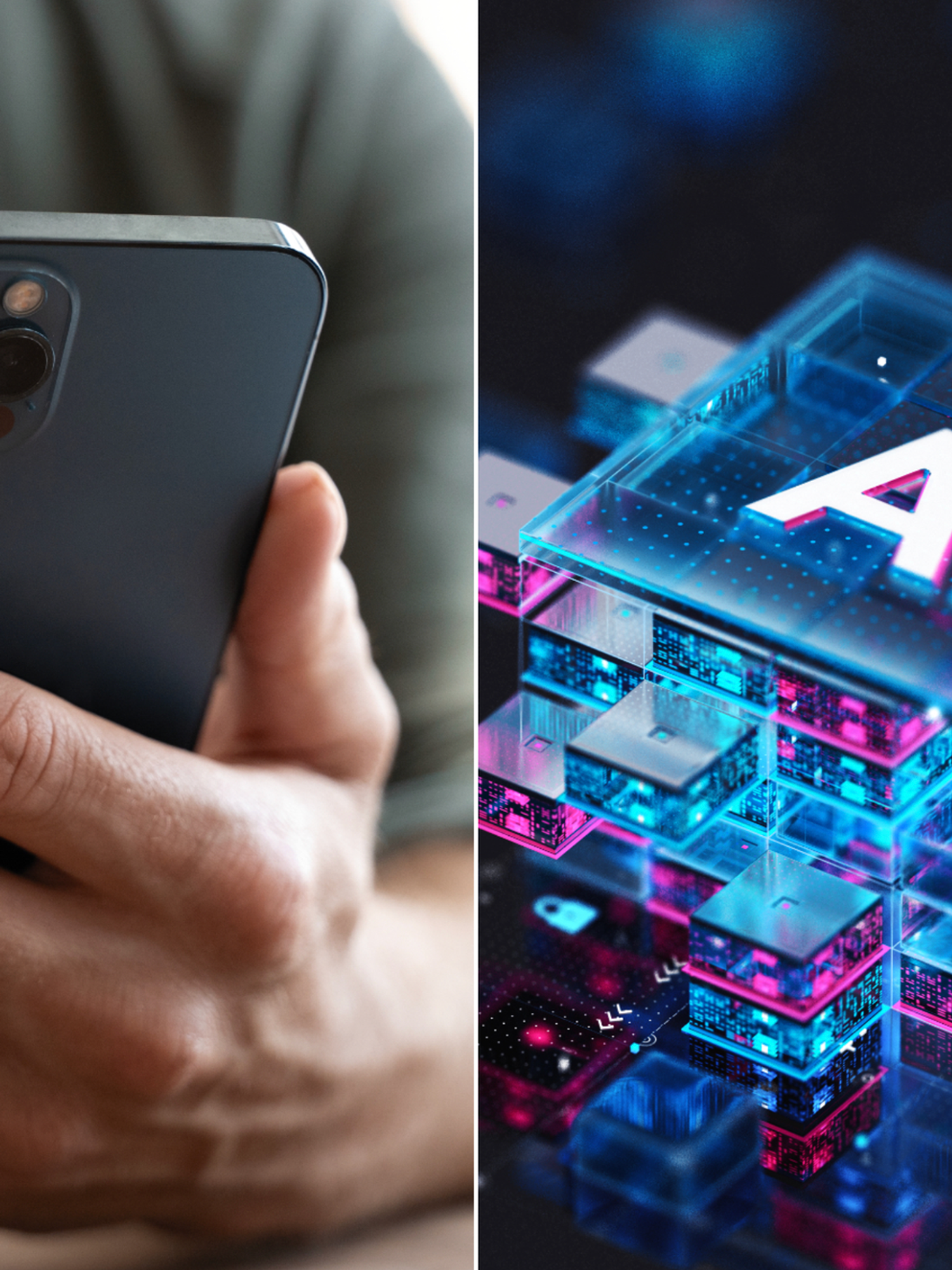 A composite image of someone holding an iPhone and an image of AI