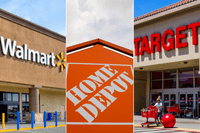 A composite image of stock images of Walmart, Home Depot and Target stores