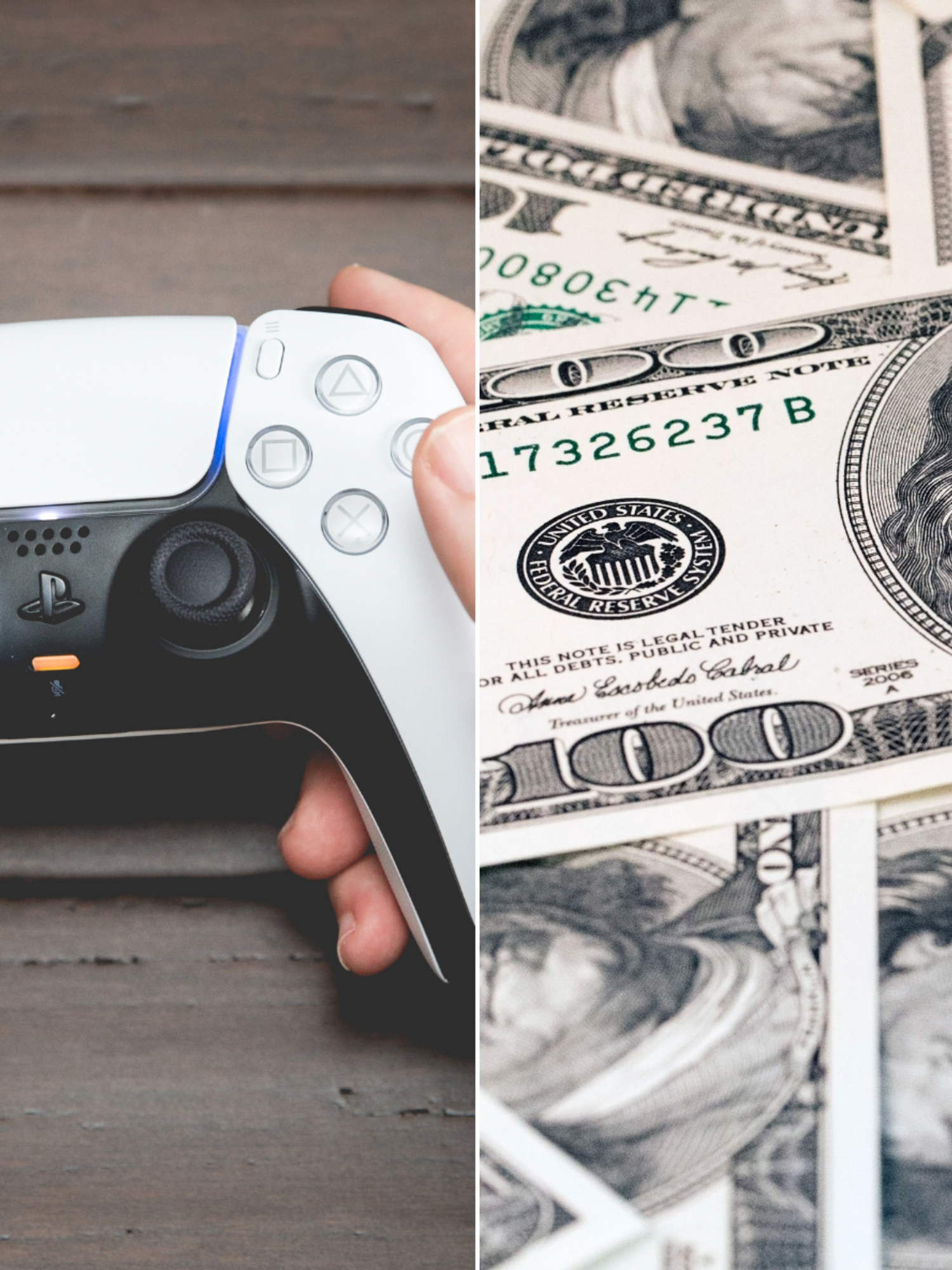 A composite image of stock photos of a PS5 controller and 100 dollar bills