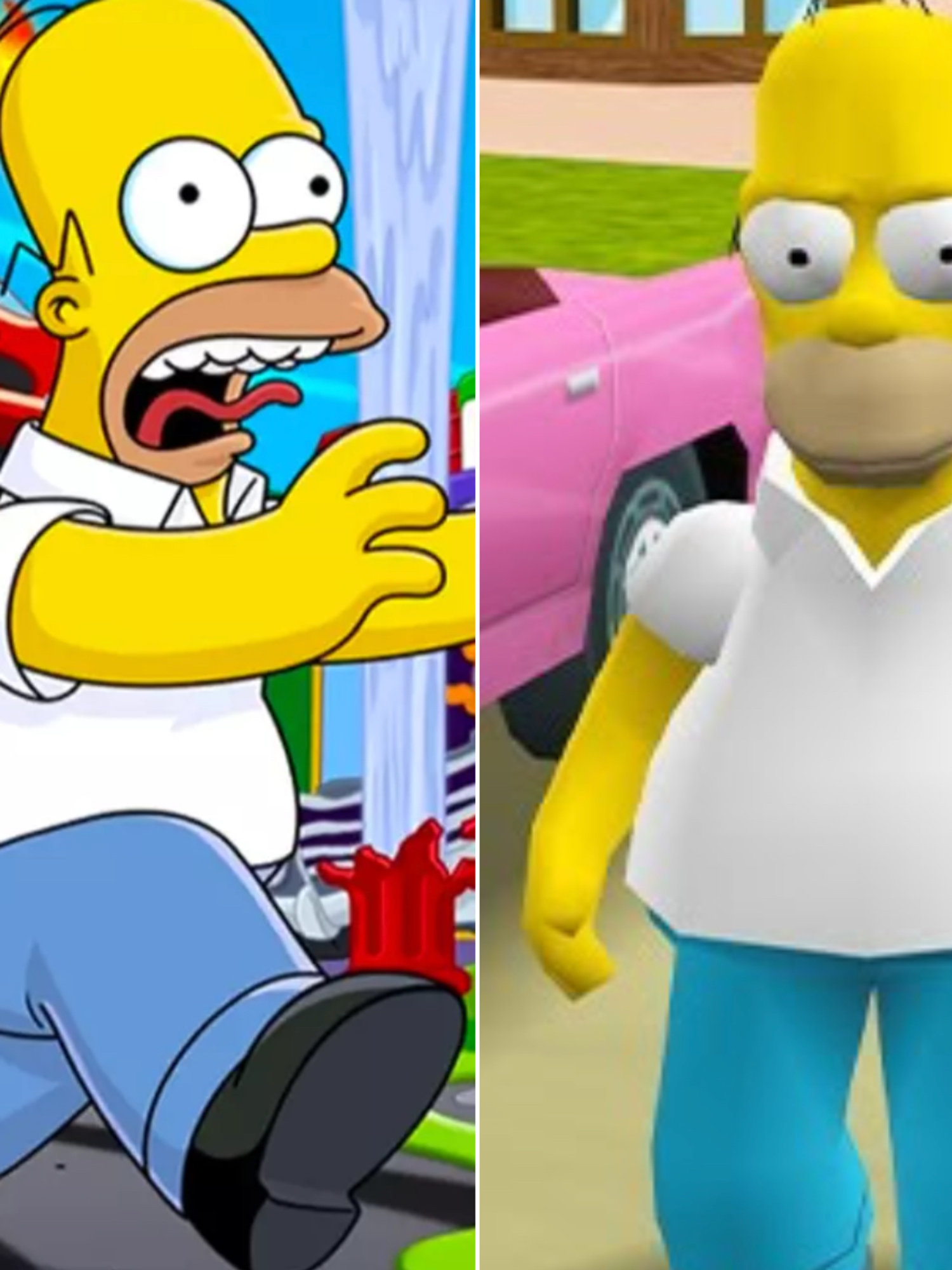 A composite image of the artwork for The Simpsons Hit and Run and a screenshot of gameplay