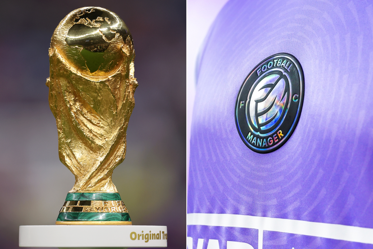 A composite image of the FIFA World Cup trophy and Football Manager artwork