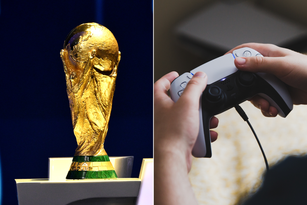 A composite image of the FIFA World Cup trophy and someone using a PlayStation DualSense controller