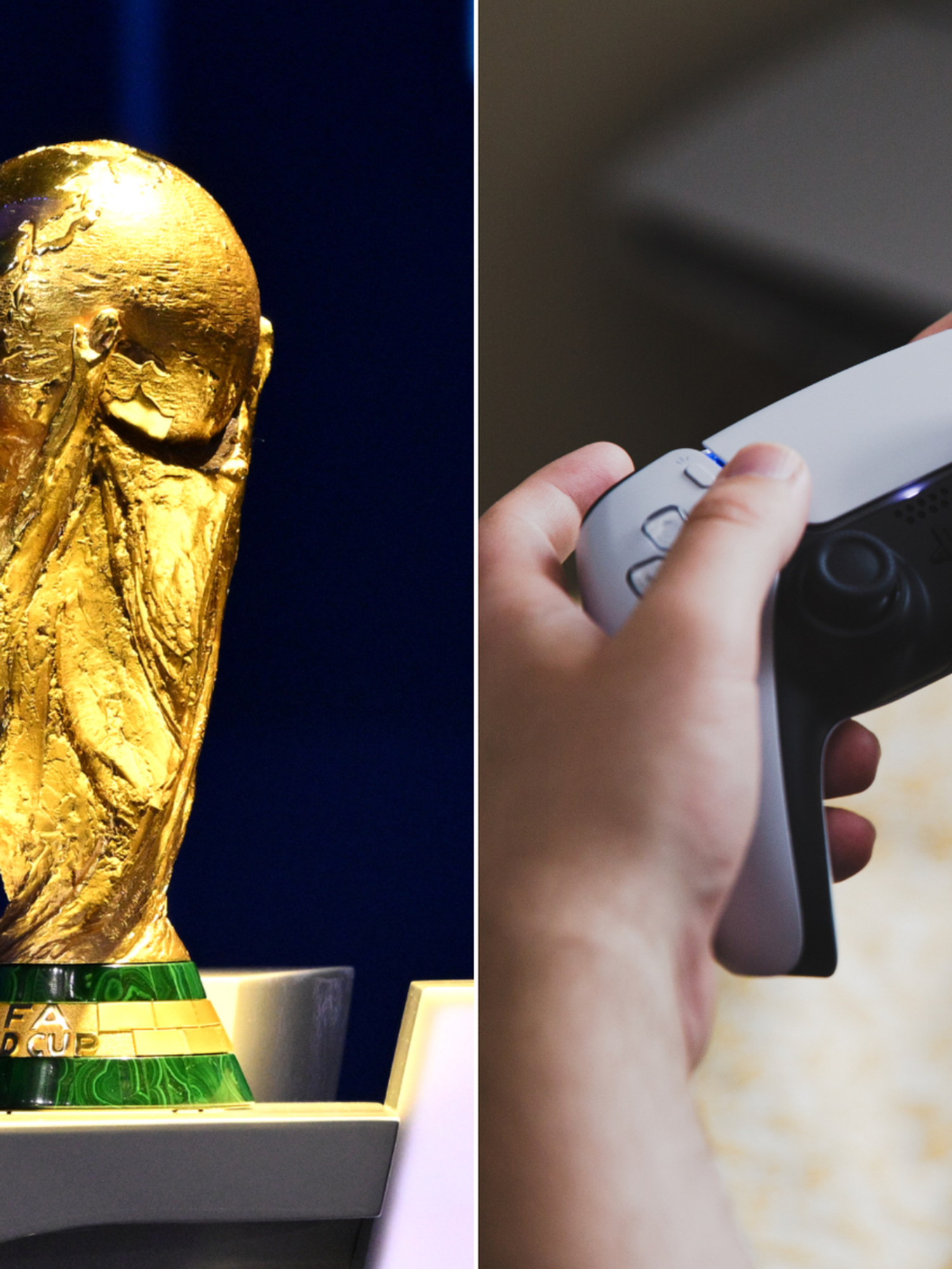 A composite image of the FIFA World Cup trophy and someone using a PlayStation DualSense controller