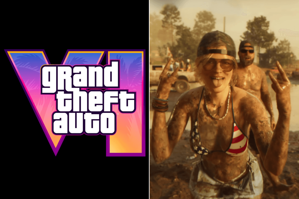 A composite image of the GTA 6 logo and a screenshot from the GTA 6 trailer of a woman covered in mud in a bikini