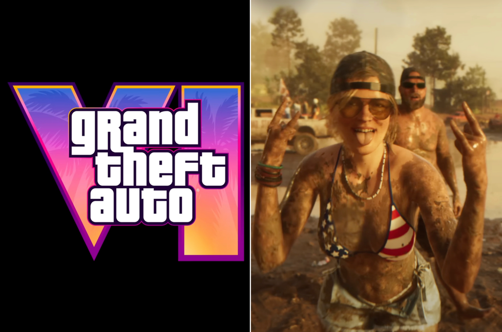 A composite image of the GTA 6 logo and a screenshot from the GTA 6 trailer of a woman covered in mud in a bikini
