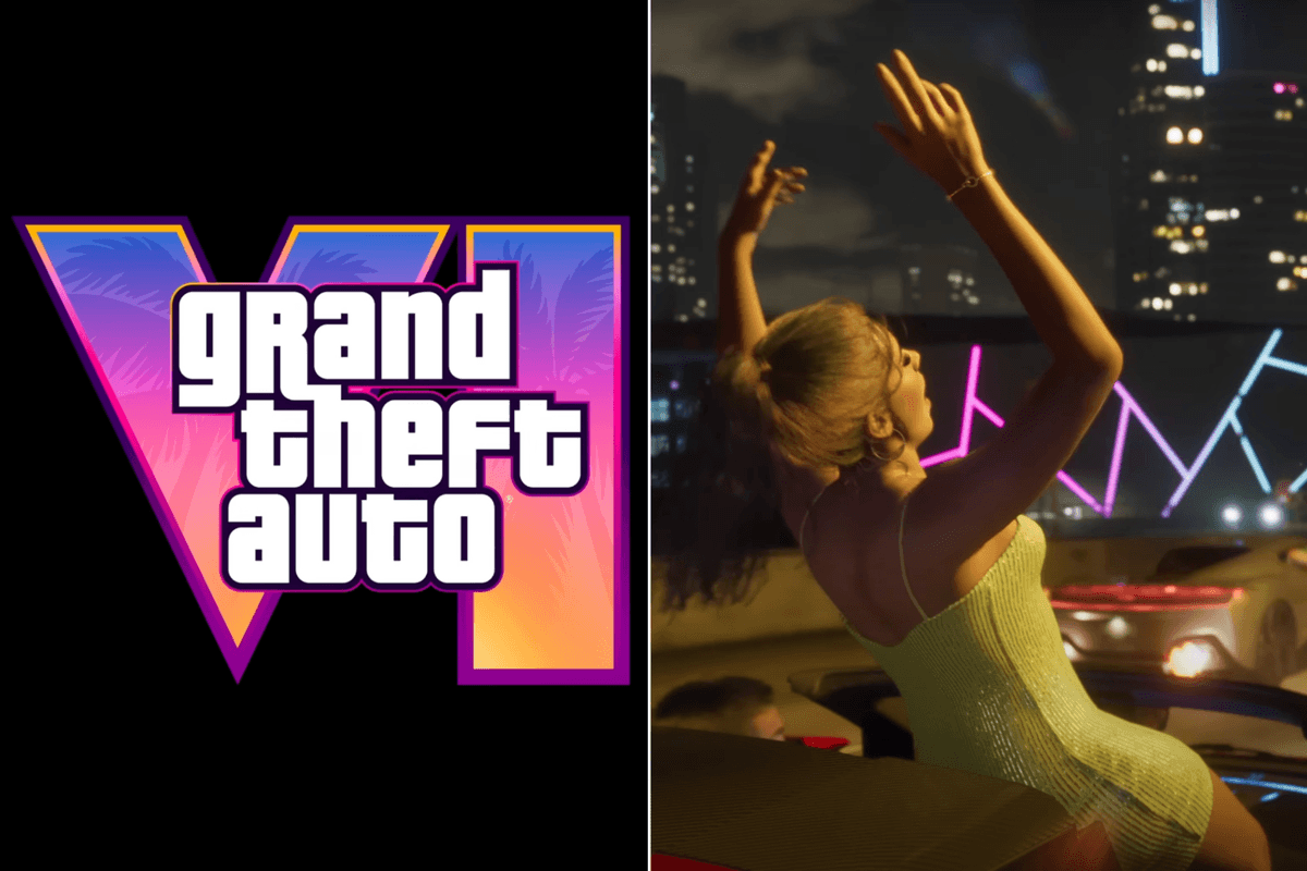 A composite image of the GTA 6 logo and a screenshot from the trailer of a woman hanging out the roof of a convertible car