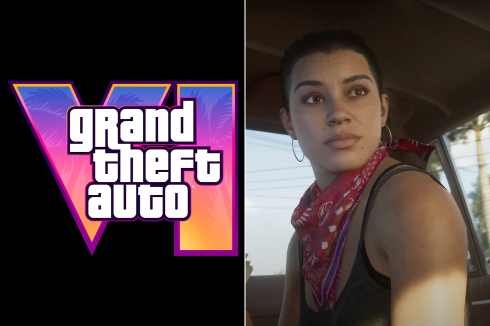 A composite image of the GTA 6 logo and a screenshot of Lucia from the trailer
