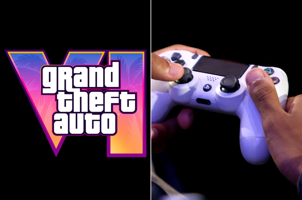 A composite image of the GTA 6 logo and someone holding a white PlayStation 4 controller