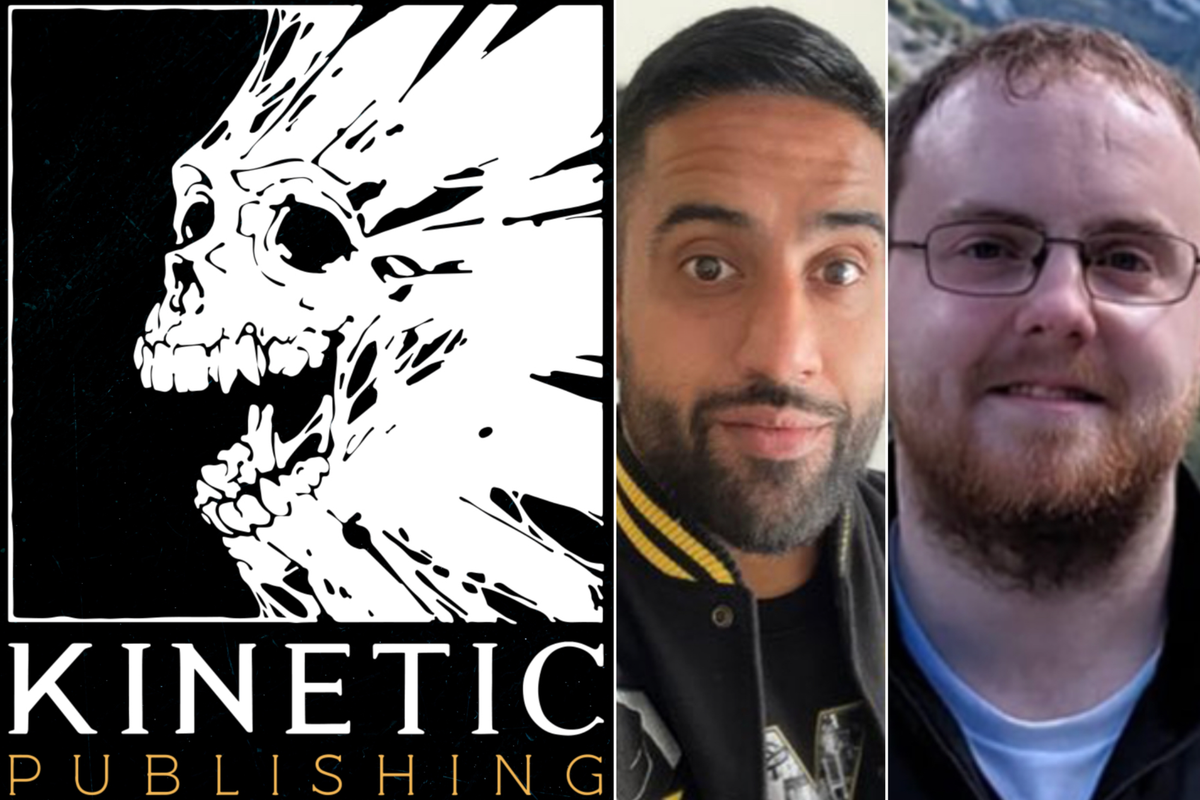 A composite image of the Kinetic Publishing logo, a portrait of Asim Tanvir and a portrait of Daniel Knight