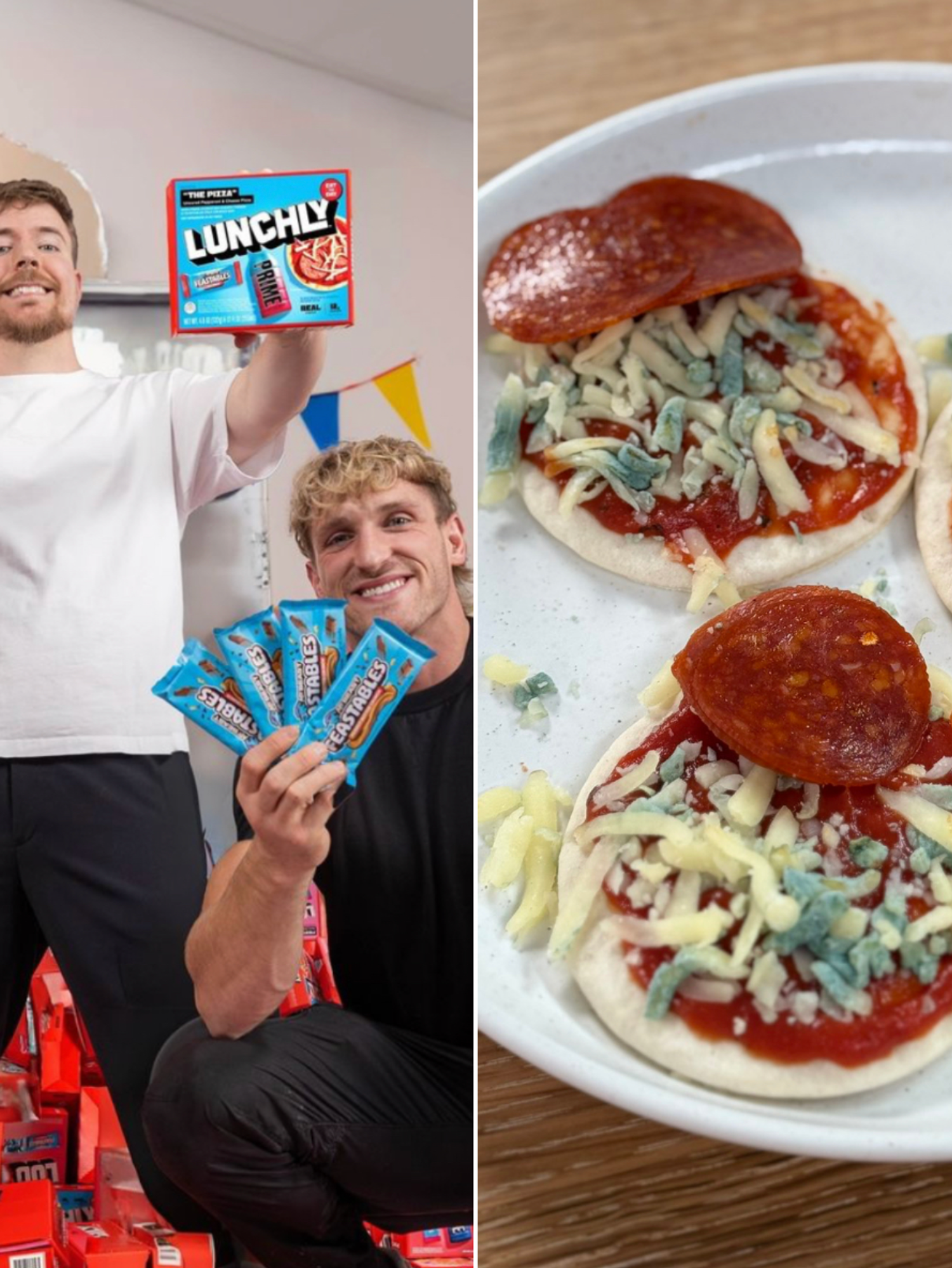 A composite image of the launch of Lunchly and mould found in one of the products