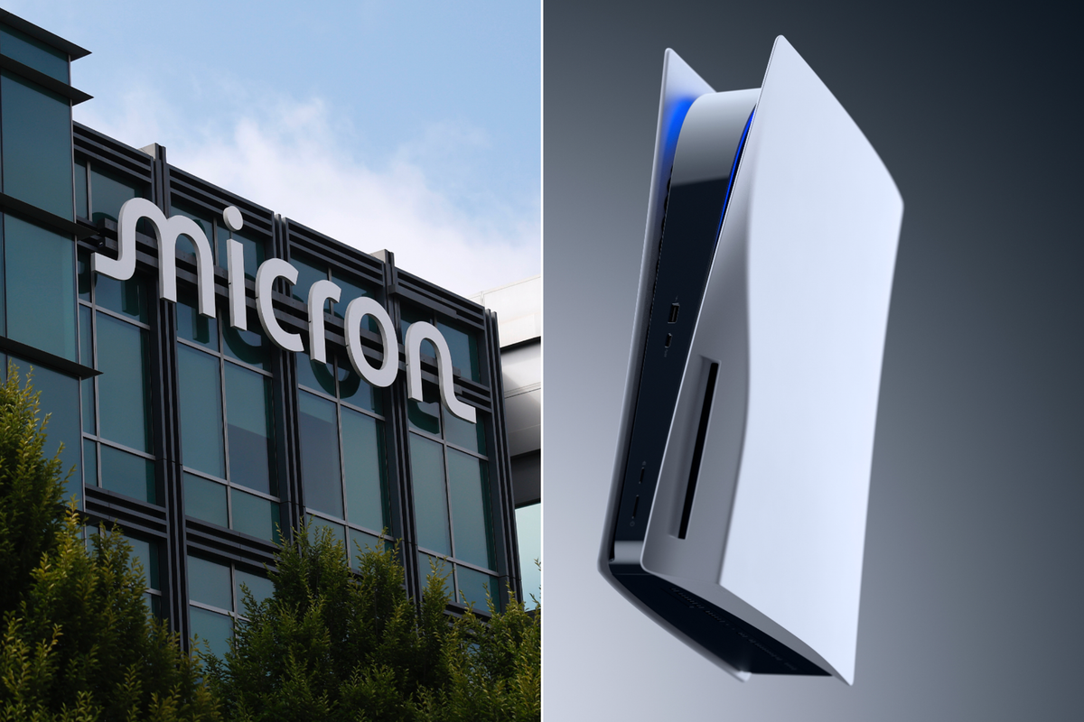 A composite image of the Micron logo and the PS5 console