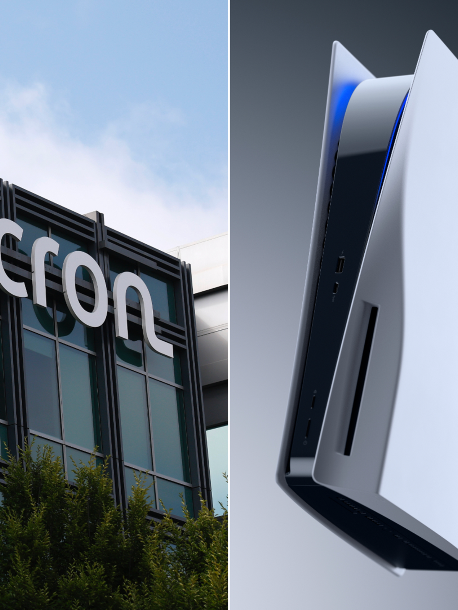 A composite image of the Micron logo and the PS5 console