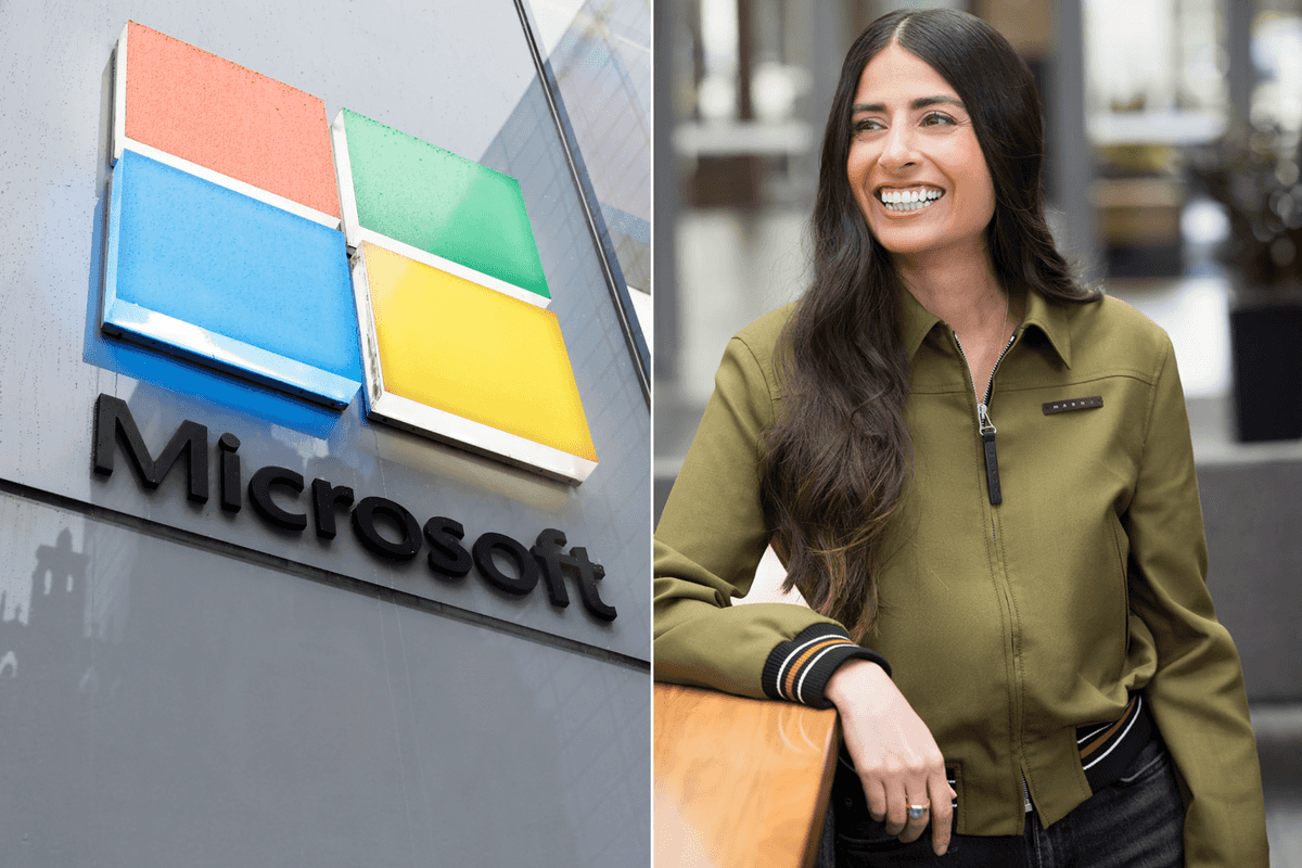 A composite image of the Microsoft logo seen at an Experience Center on Fifth Avenue in New York City and Xbox CEO Asha Sharma