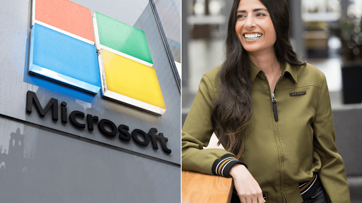 A composite image of the Microsoft logo seen at an Experience Center on Fifth Avenue in New York City and Xbox CEO Asha Sharma​