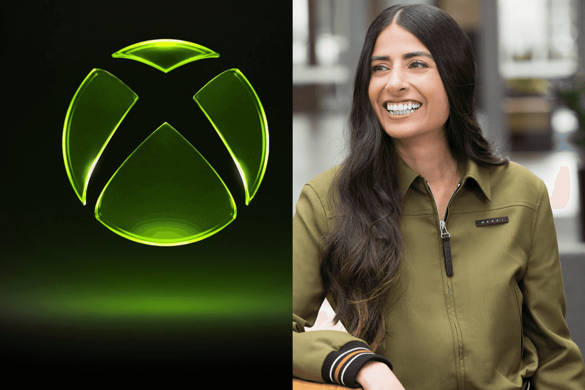 A composite image of the new Xbox logo and a photograpgh of Xbox CEO Asha Sharma