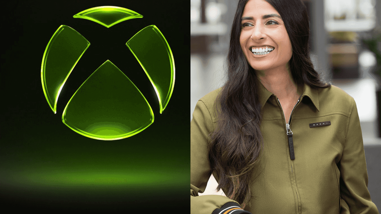 A composite image of the new Xbox logo and a photograpgh of Xbox CEO Asha Sharma