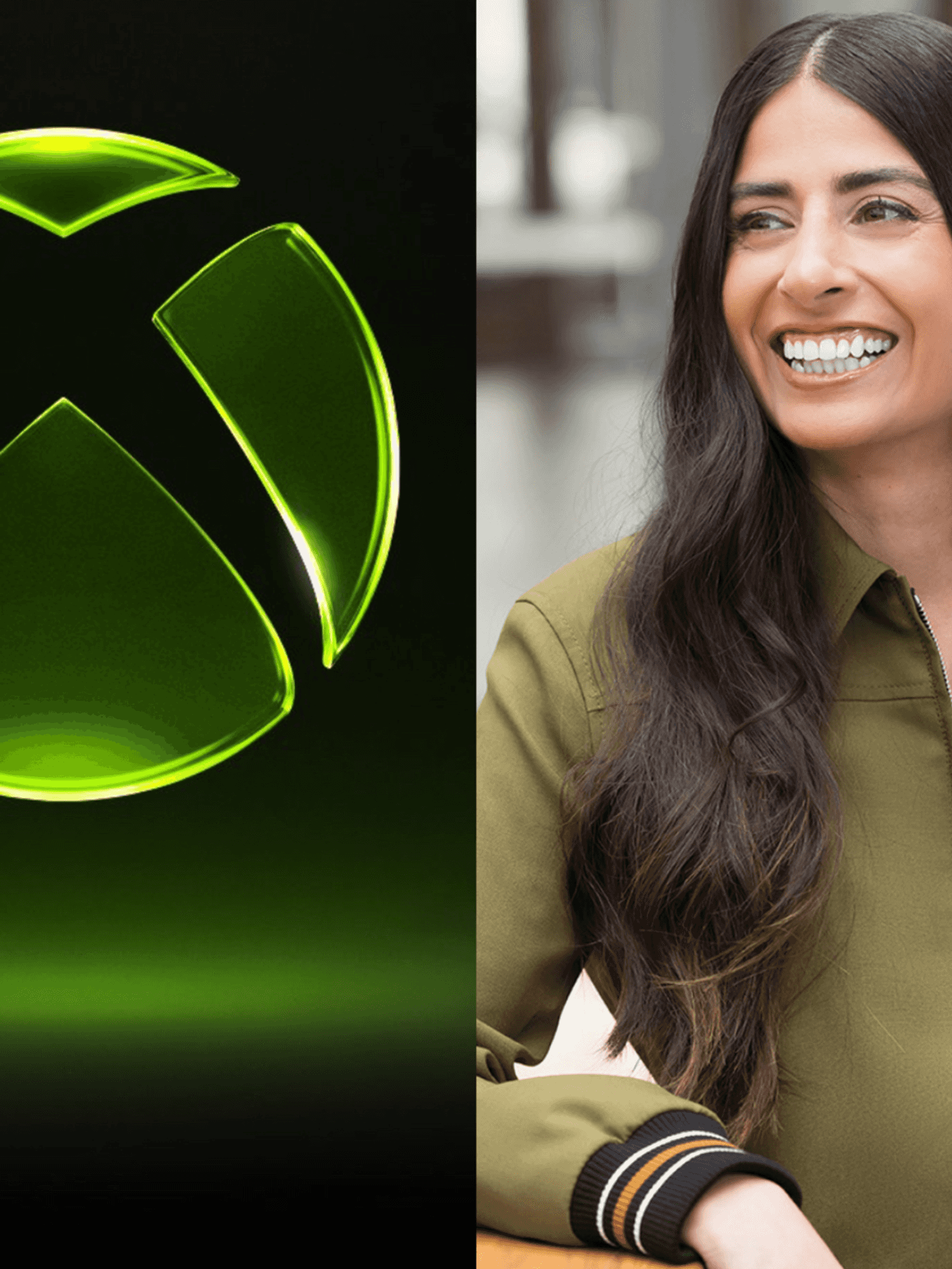 A composite image of the new Xbox logo and a photograpgh of Xbox CEO Asha Sharma