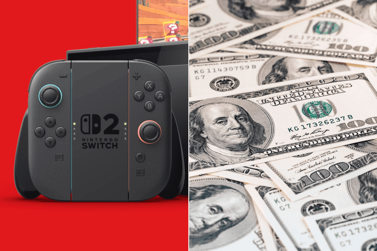 A composite image of the Nintendo Switch 2 consoles and $100 bills