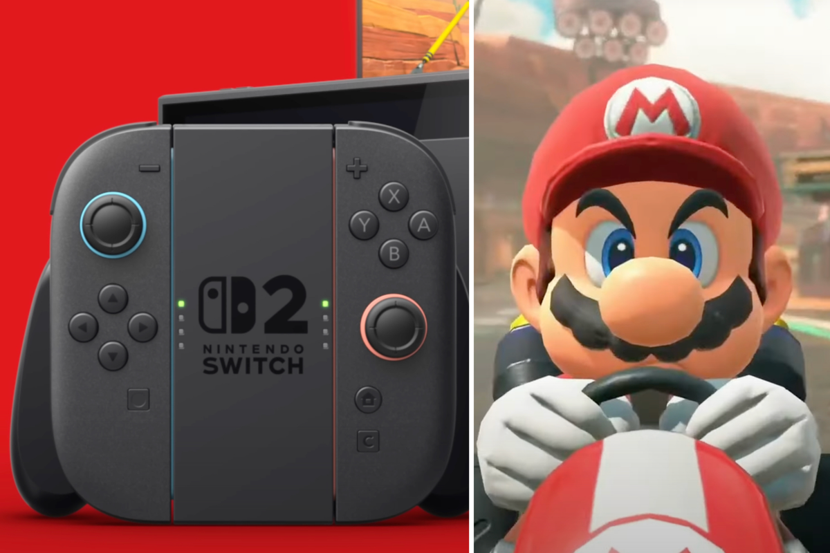 A composite image of the Nintendo Switch 2 from the overview trailer and of Mario in the Mario Kart World reveal trailer
