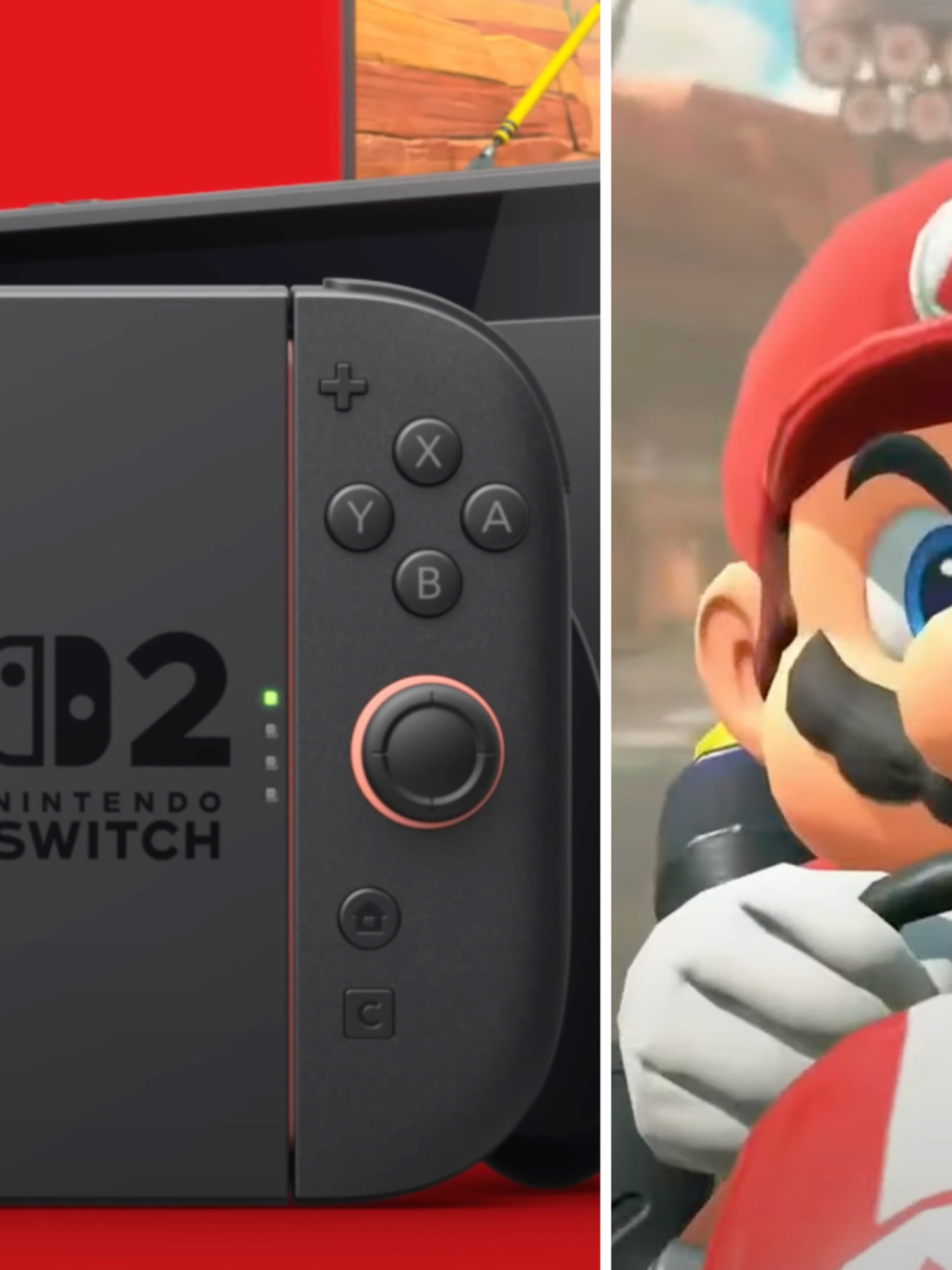 A composite image of the Nintendo Switch 2 from the overview trailer and of Mario in the Mario Kart World reveal trailer