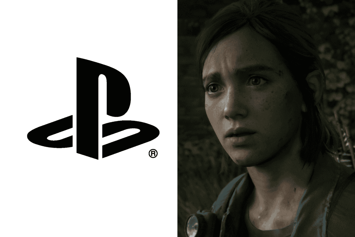 A composite image of the PlayStation logo and a screenshot of Ellie from The Last of Us Part II