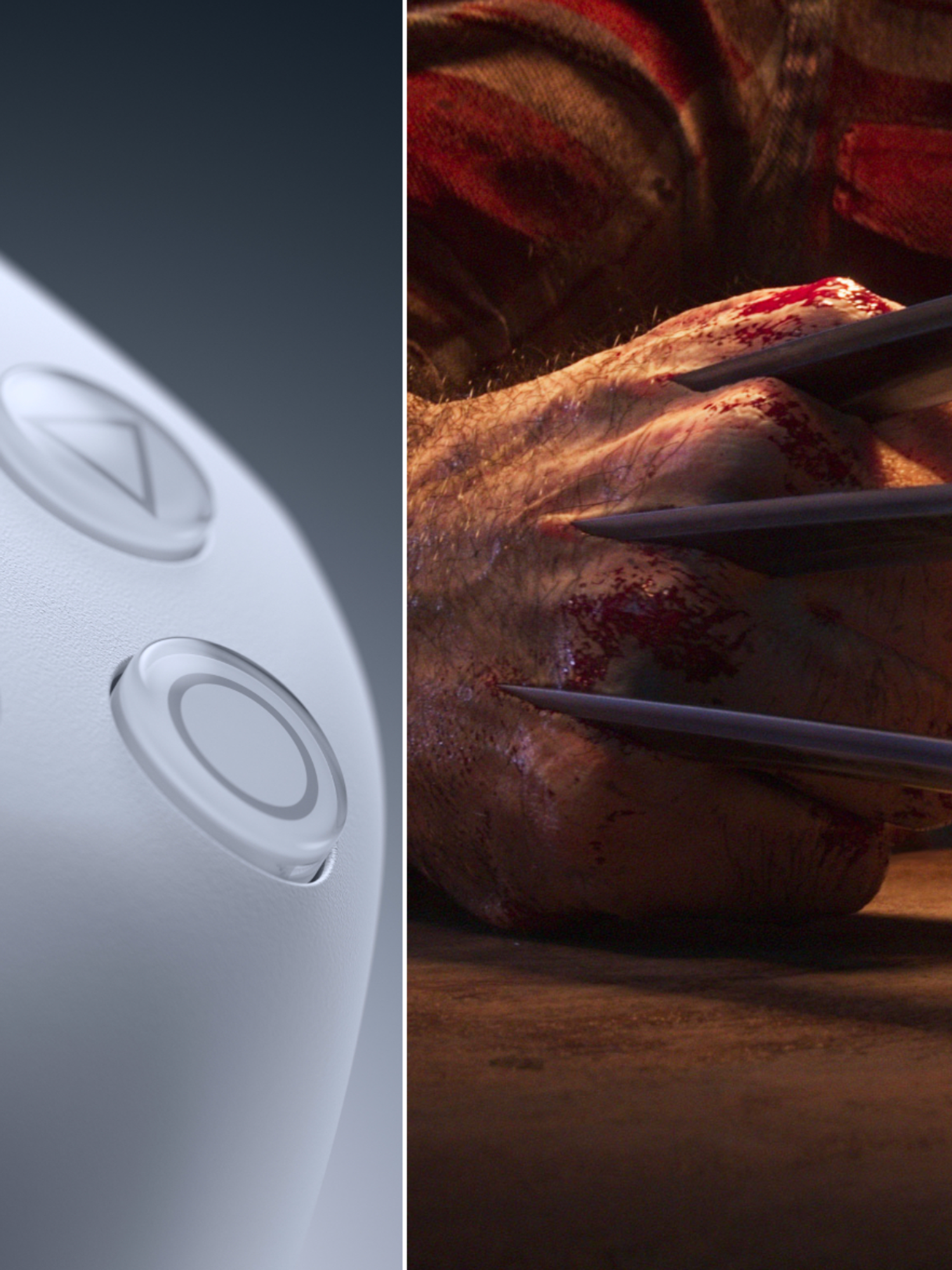 A composite image of the PS5 DualSense controller and a screenshot from Marvel's Wolverine
