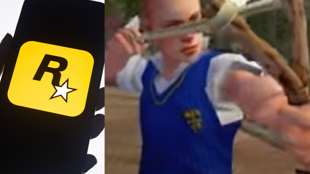 A composite image of the Rockstar logo and a screenshot from a Bully trailer