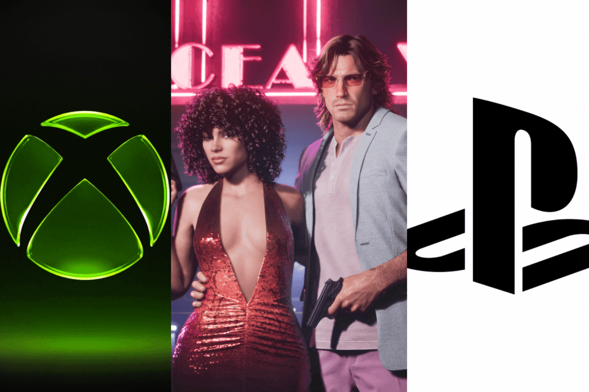 A composite image of the XBOX logo, an official screenshot of Jason and Lucia in the GTA 6 Vintage Vice City Pack and the PlayStation logo
