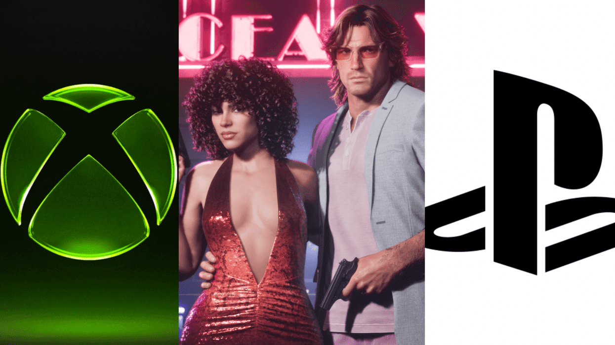 A composite image of the XBOX logo, an official screenshot of Jason and Lucia in the GTA 6 Vintage Vice City Pack and the PlayStation logo