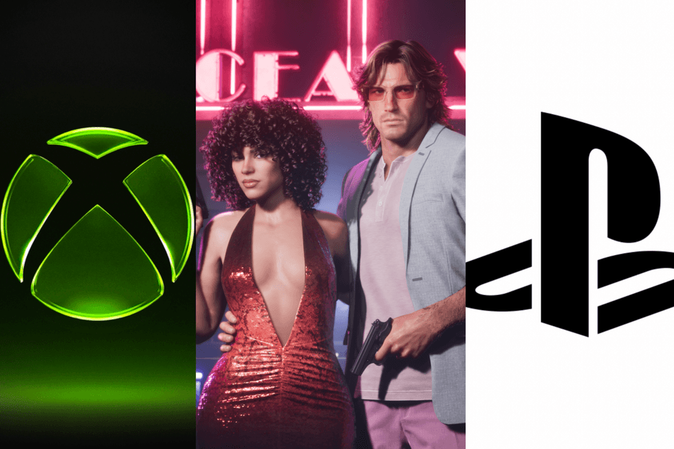 A composite image of the XBOX logo, an official screenshot of Jason and Lucia in the GTA 6 Vintage Vice City Pack and the PlayStation logo
