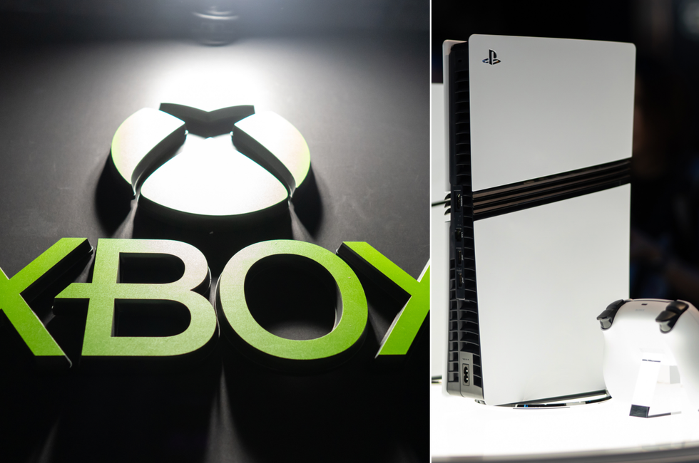 A composite image of the Xbox logo and a PS5 console