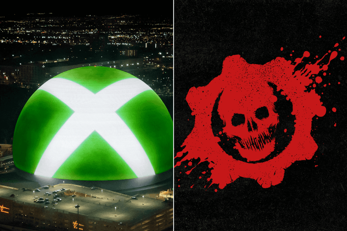 A composite image of the Xbox logo on the Vegas sphere and the Gears of War logo