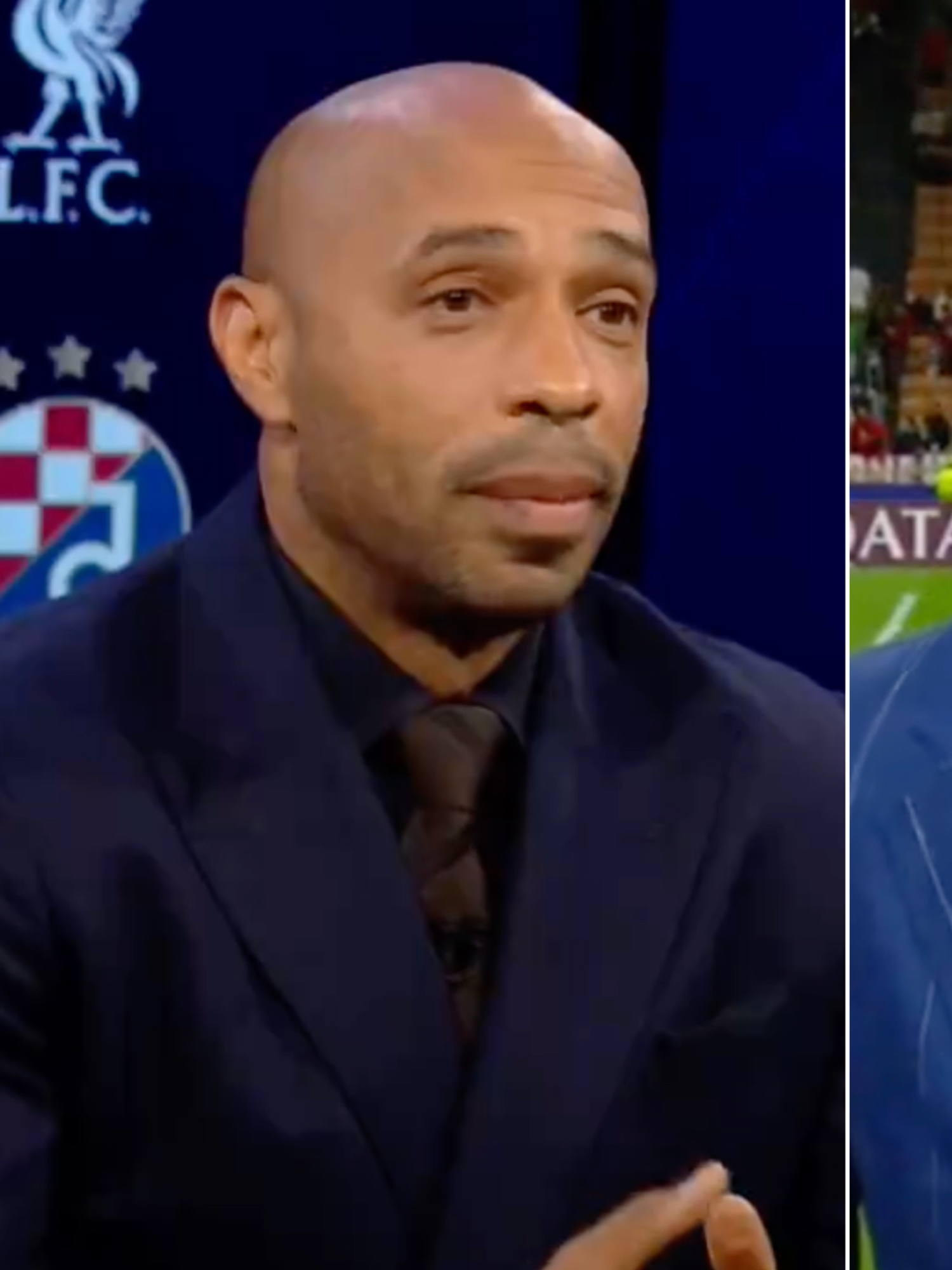 A composite image of Thierry Henry and Mike Grella from CBS Sports coverage of the UEFA Champions League on September 17