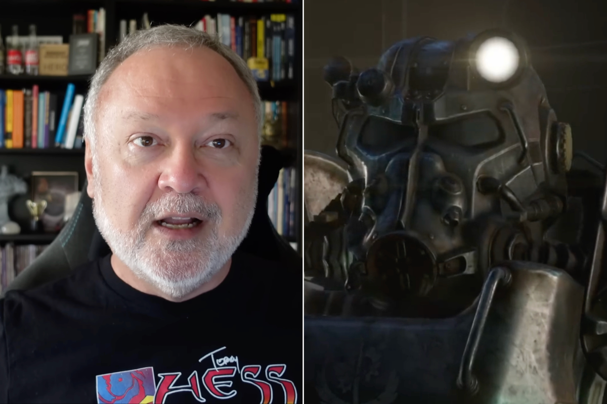 A composite image of Tim Cain and a screenshot from the Fallout 4 launch trailer